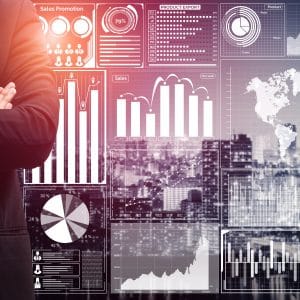 Data Analysis for Business and Finance Concept. Graphic interface showing future computer technology of profit analytic, online marketing research and information report for digital business strategy.
