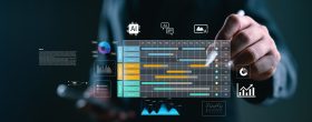 Business concept of project management and timeline scheduling with AI tech. A professional analyzing Gantt charts and tracking workflow progress with advanced planning and deadline execution tools